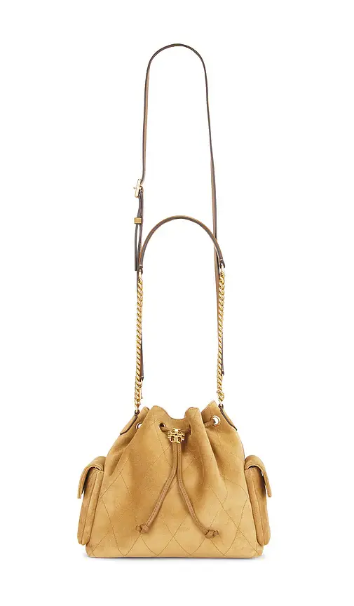Tory Burch Charlie Quilted Suede Drawstring Shoulder Bag