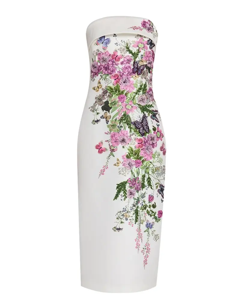 Badgley Mischka Collection Strapless Floral-Print Applique Midi Dress | Image 1 Badgley Mischka Collection Strapless Floral-Print Applique Midi Dress | Image 1