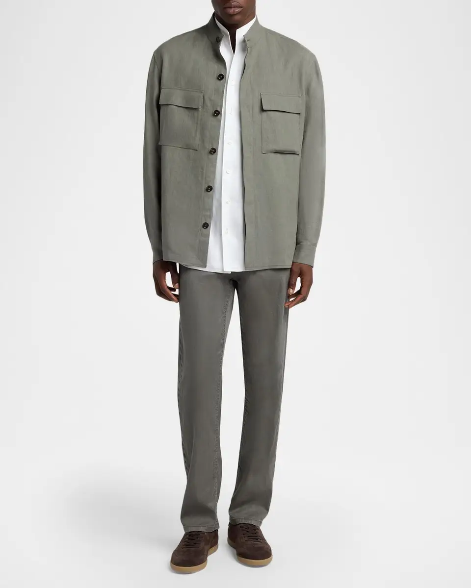 Zegna Men's Oasi Linen Stand-Collar Button-Down Shirt | Thumbnail 2 Zegna Men's Oasi Linen Stand-Collar Button-Down Shirt | Thumbnail 2