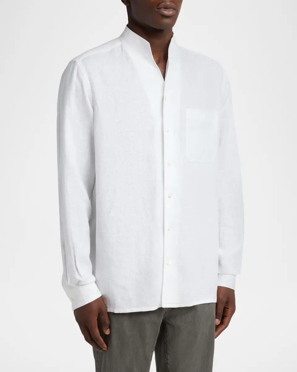 Zegna Men's Oasi Linen Stand-Collar Button-Down Shirt | Thumbnail 4 Zegna Men's Oasi Linen Stand-Collar Button-Down Shirt | Thumbnail 4