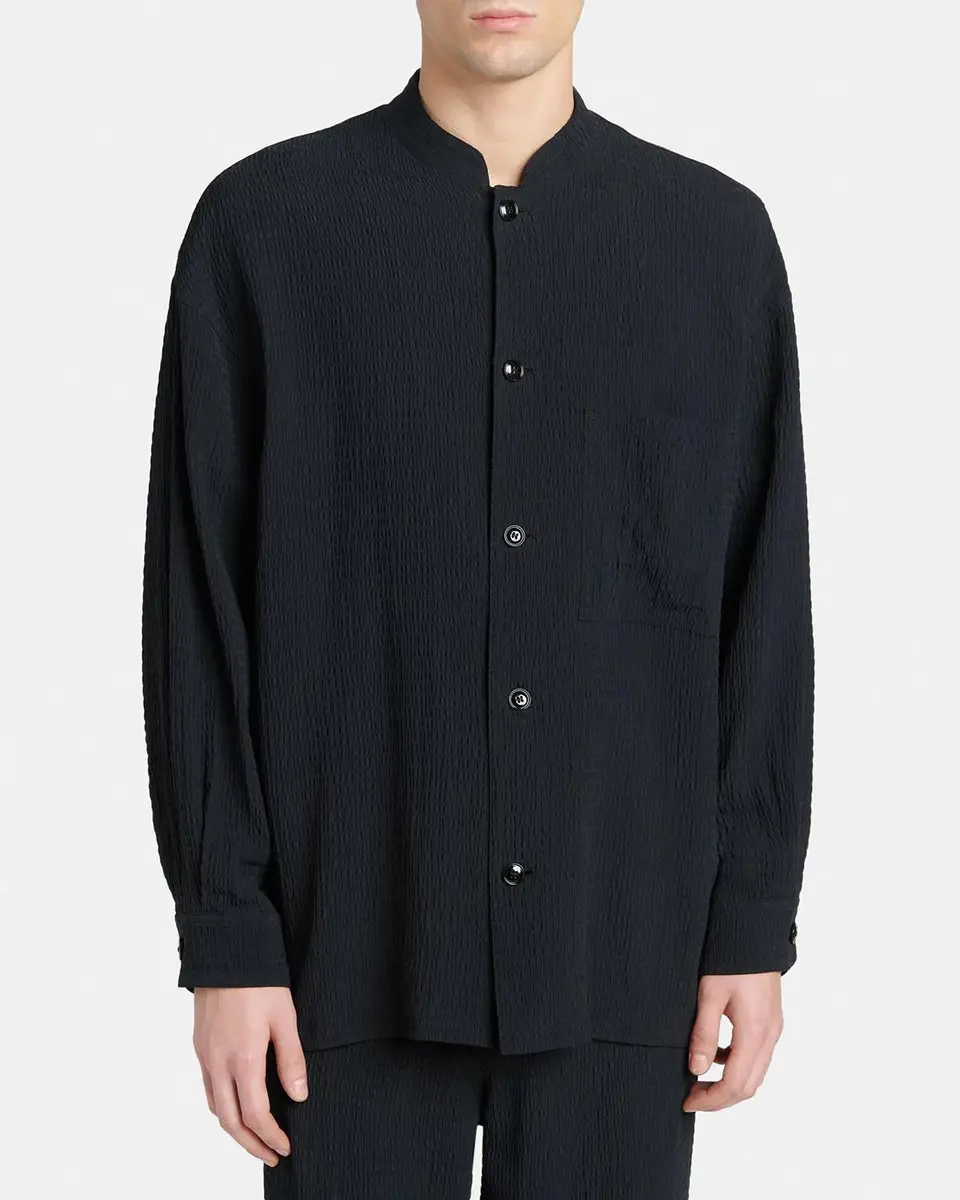Giorgio Armani Men's Seersucker Band-Collar Guru Shirt | Thumbnail 4 Giorgio Armani Men's Seersucker Band-Collar Guru Shirt | Thumbnail 4