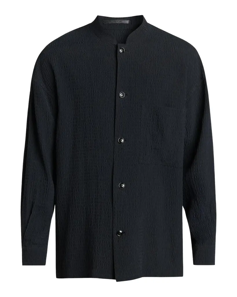Giorgio Armani Men's Seersucker Band-Collar Guru Shirt | Image 1 Giorgio Armani Men's Seersucker Band-Collar Guru Shirt | Image 1
