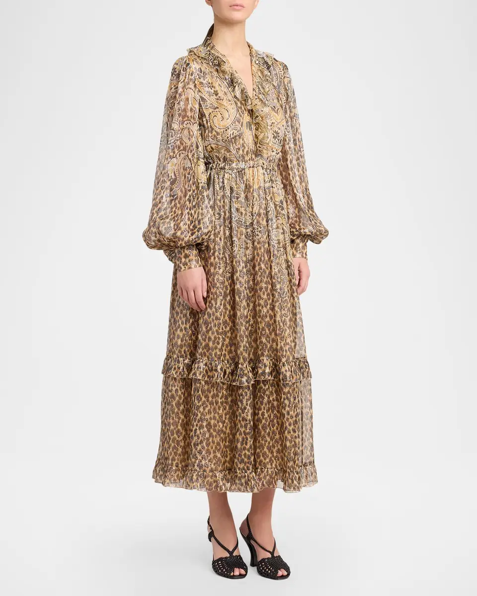 Etro Metallic Paisley Leopard-Print Silk Midi Dress | Thumbnail 4