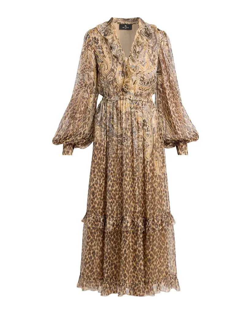 Etro Metallic Paisley Leopard-Print Silk Midi Dress