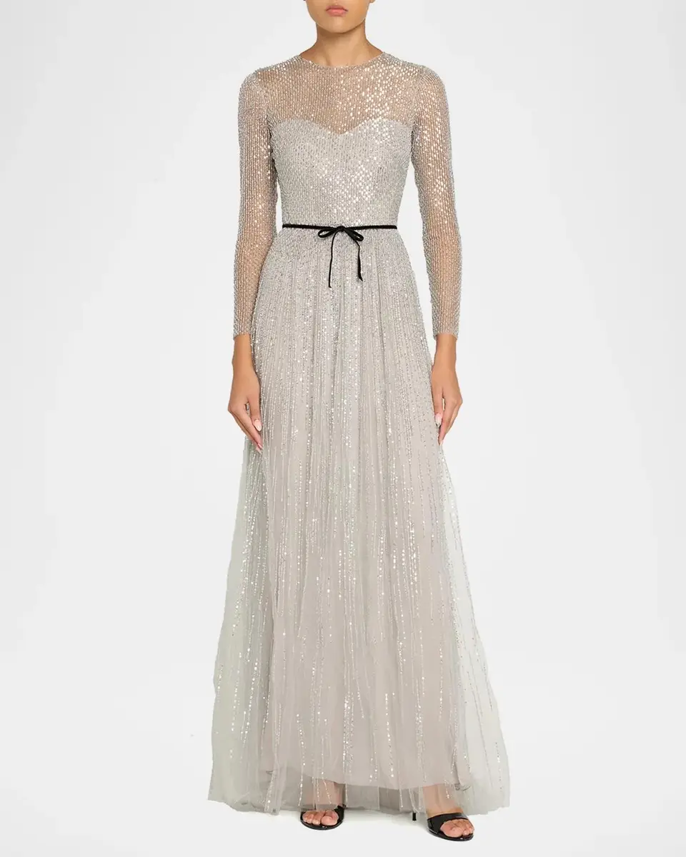 MONIQUE LHUILLIER Embellished Tulle Long-Sleeve Illusion Gown | Thumbnail 2 MONIQUE LHUILLIER Embellished Tulle Long-Sleeve Illusion Gown | Thumbnail 2