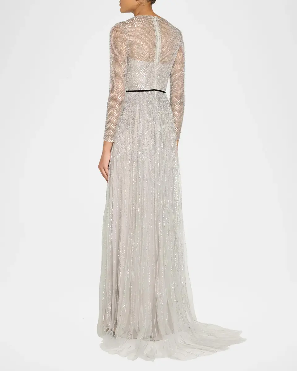 MONIQUE LHUILLIER Embellished Tulle Long-Sleeve Illusion Gown | Thumbnail 3 MONIQUE LHUILLIER Embellished Tulle Long-Sleeve Illusion Gown | Thumbnail 3