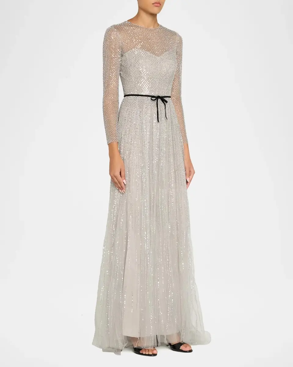 MONIQUE LHUILLIER Embellished Tulle Long-Sleeve Illusion Gown | Thumbnail 4 MONIQUE LHUILLIER Embellished Tulle Long-Sleeve Illusion Gown | Thumbnail 4