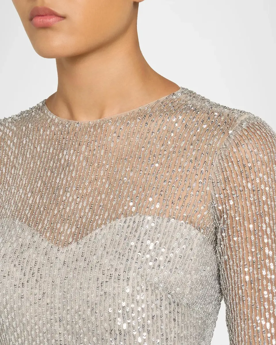 MONIQUE LHUILLIER Embellished Tulle Long-Sleeve Illusion Gown | Thumbnail 5 MONIQUE LHUILLIER Embellished Tulle Long-Sleeve Illusion Gown | Thumbnail 5
