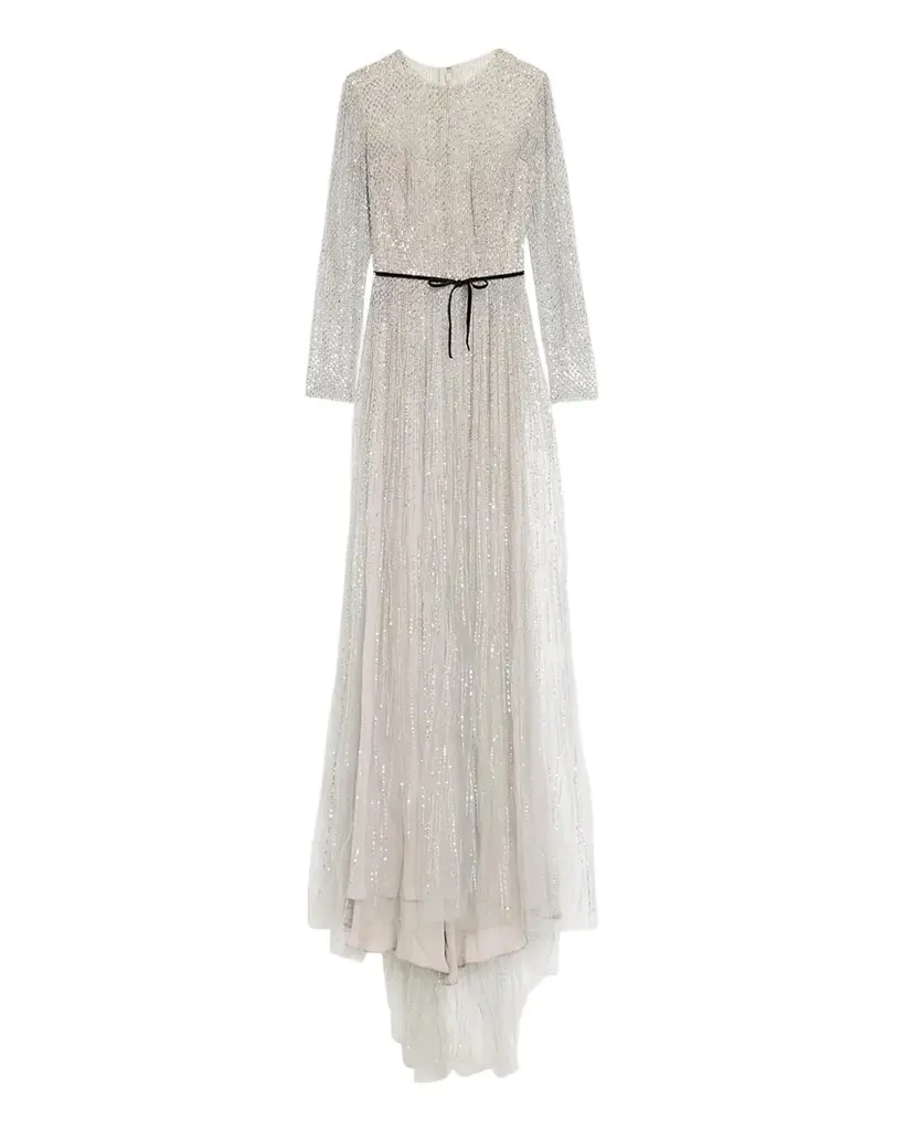 MONIQUE LHUILLIER Embellished Tulle Long-Sleeve Illusion Gown | Image 1 MONIQUE LHUILLIER Embellished Tulle Long-Sleeve Illusion Gown | Image 1