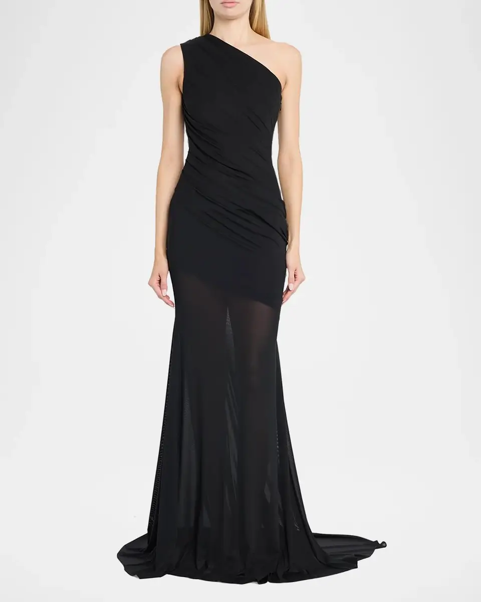 Alex Perry One-Shoulder Tucked Power Mesh Trumpet Gown | Thumbnail 2 Alex Perry One-Shoulder Tucked Power Mesh Trumpet Gown | Thumbnail 2