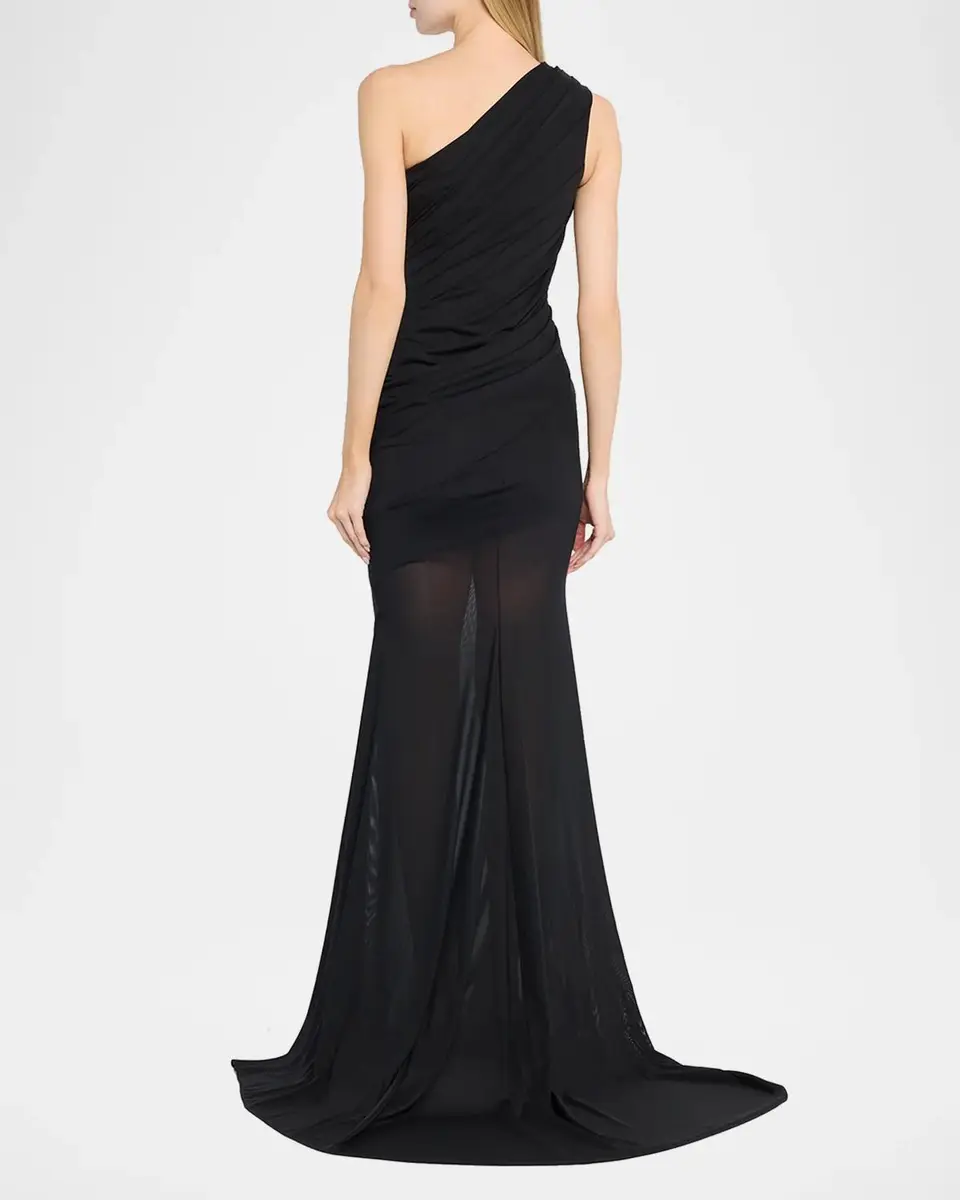 Alex Perry One-Shoulder Tucked Power Mesh Trumpet Gown | Thumbnail 3 Alex Perry One-Shoulder Tucked Power Mesh Trumpet Gown | Thumbnail 3