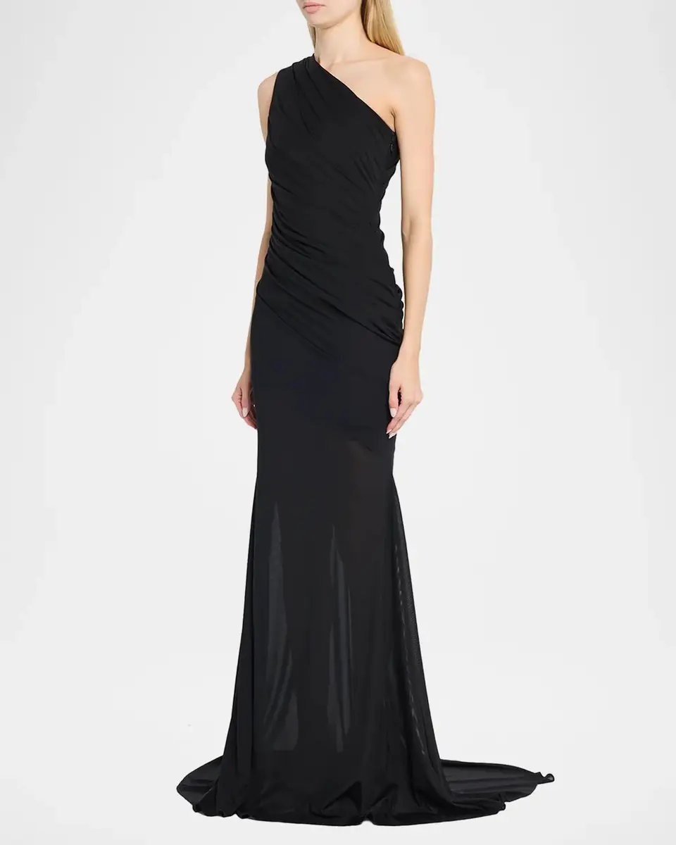 Alex Perry One-Shoulder Tucked Power Mesh Trumpet Gown | Thumbnail 4 Alex Perry One-Shoulder Tucked Power Mesh Trumpet Gown | Thumbnail 4