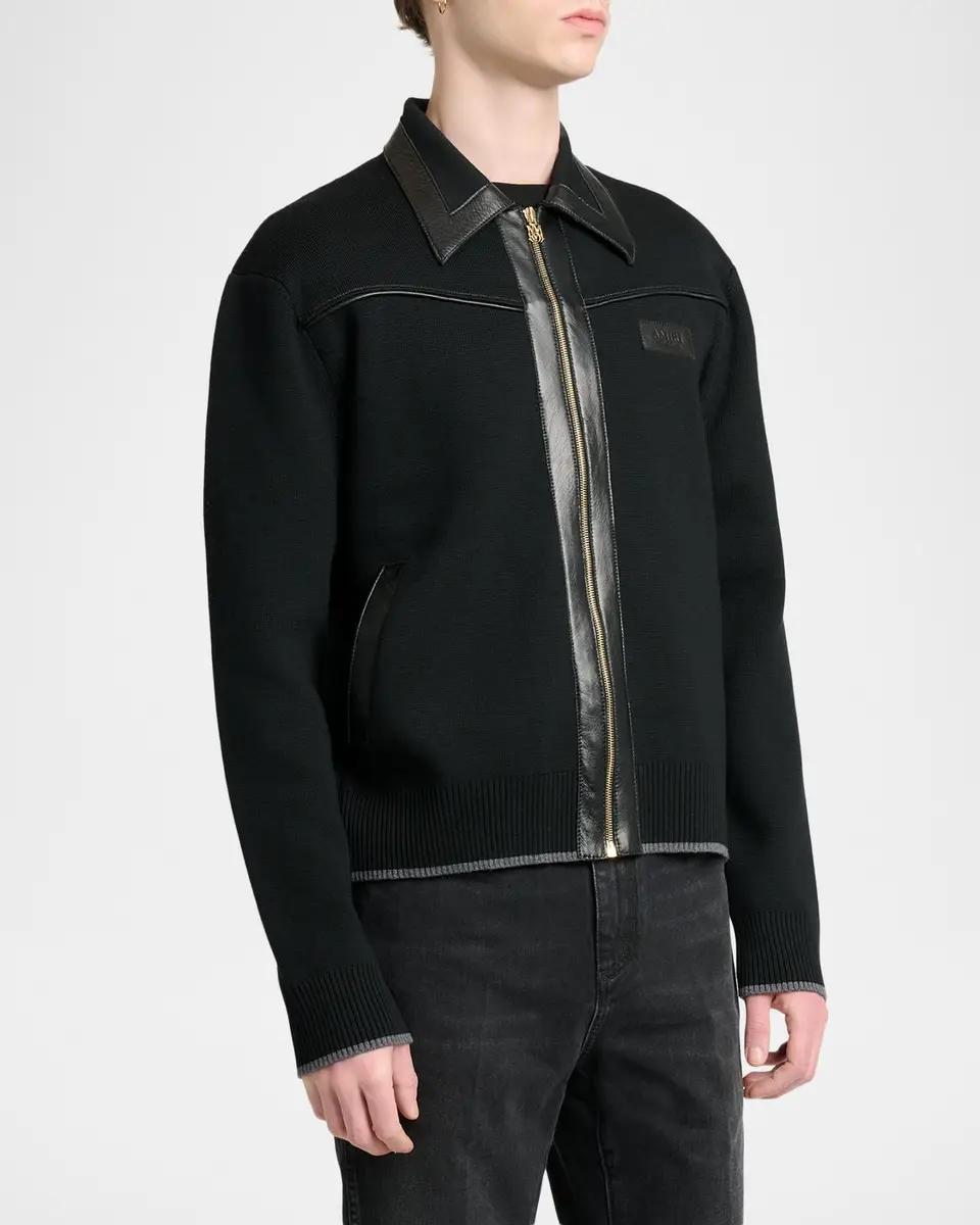 AMIRI Men's Merino Wool Leather-Trim Full-Zip Blouson | Thumbnail 4 AMIRI Men's Merino Wool Leather-Trim Full-Zip Blouson | Thumbnail 4