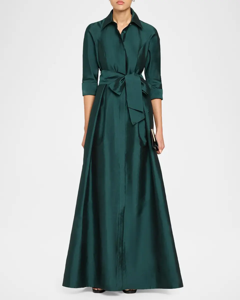 Rickie Freeman for Teri Jon 3/4-Sleeve Taffeta Shirtdress Gown | Thumbnail 2 Rickie Freeman for Teri Jon 3/4-Sleeve Taffeta Shirtdress Gown | Thumbnail 2