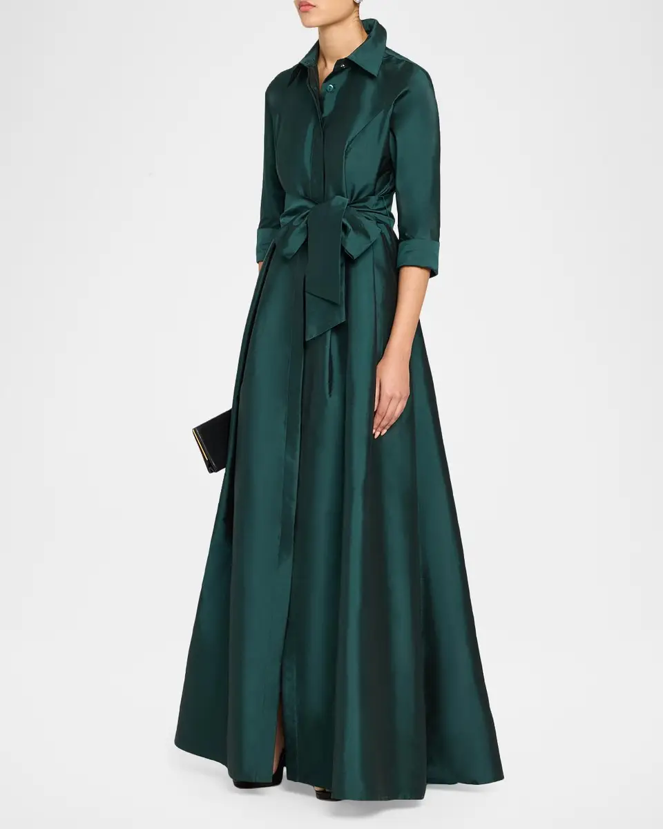 Rickie Freeman for Teri Jon 3/4-Sleeve Taffeta Shirtdress Gown | Thumbnail 4 Rickie Freeman for Teri Jon 3/4-Sleeve Taffeta Shirtdress Gown | Thumbnail 4