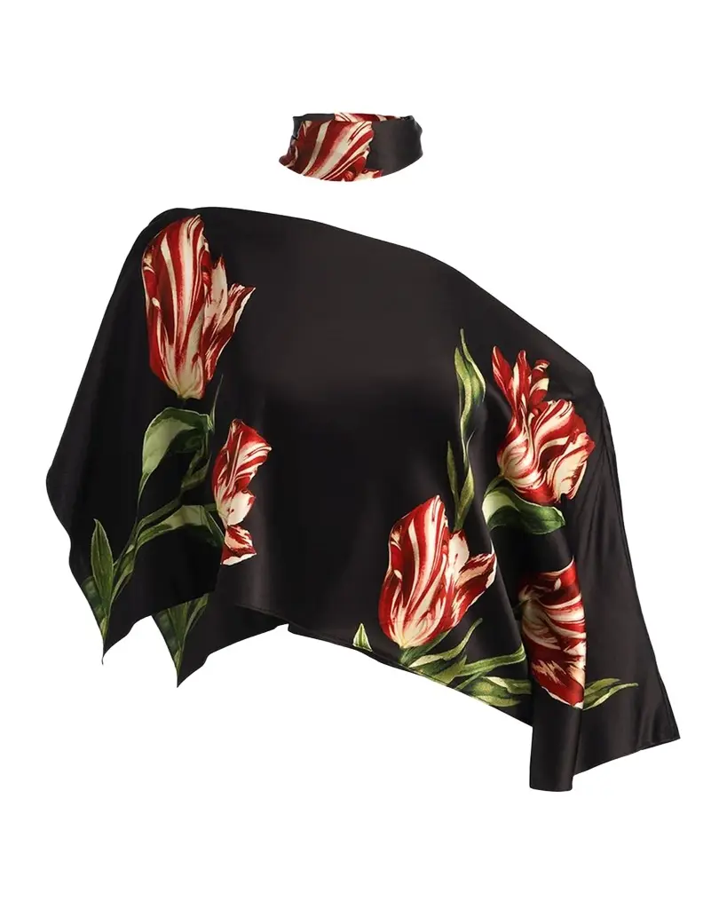 Alice + Olivia Rita Draped Floral One-Shoulder Crop Top | Image 1 Alice + Olivia Rita Draped Floral One-Shoulder Crop Top | Image 1