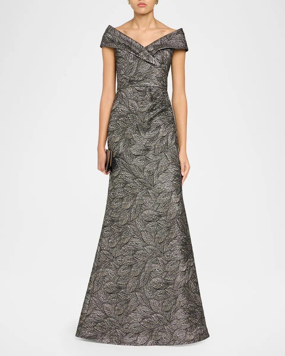 Rickie Freeman for Teri Jon Leaf Pattern Jacquard Off-The-Shoulder Gown | Thumbnail 2 Rickie Freeman for Teri Jon Leaf Pattern Jacquard Off-The-Shoulder Gown | Thumbnail 2