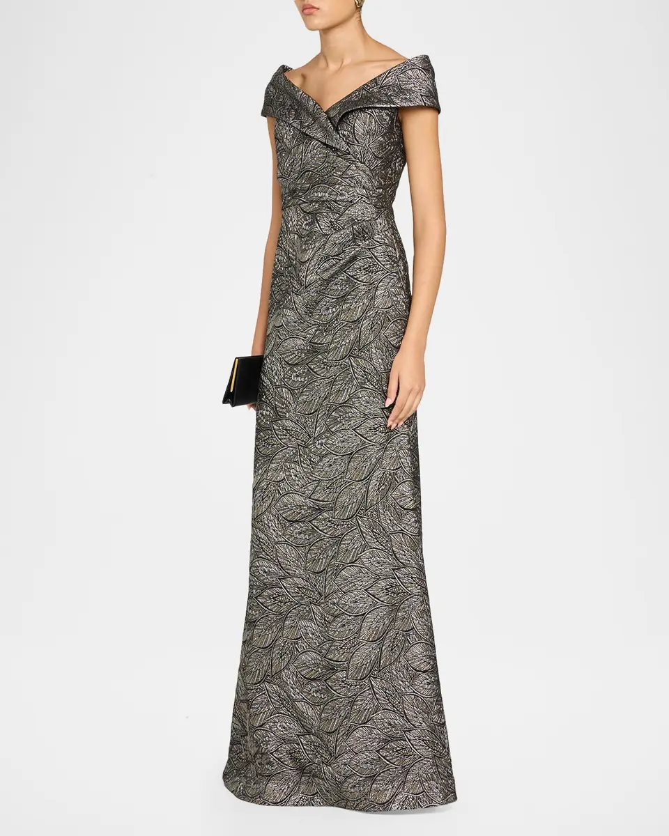 Rickie Freeman for Teri Jon Leaf Pattern Jacquard Off-The-Shoulder Gown | Thumbnail 4 Rickie Freeman for Teri Jon Leaf Pattern Jacquard Off-The-Shoulder Gown | Thumbnail 4