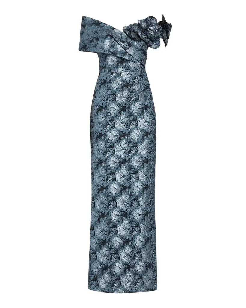 Rickie Freeman for Teri Jon 3D Floral Metallic Jacquard Column Gown | Image 1 Rickie Freeman for Teri Jon 3D Floral Metallic Jacquard Column Gown | Image 1