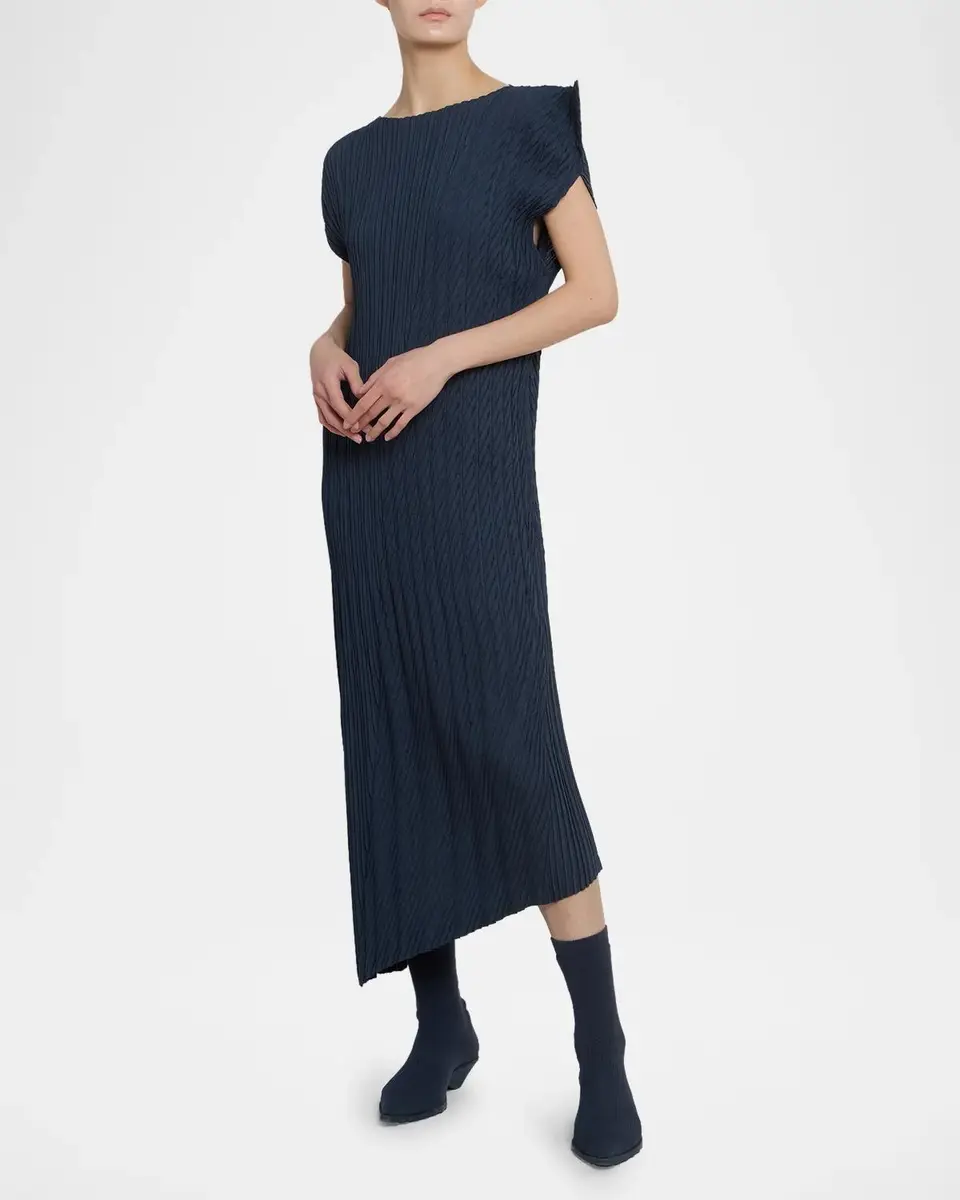 Issey Miyake Unfurling Pleats Cap-Sleeve Asymmetric Midi Dress | Thumbnail 2 Issey Miyake Unfurling Pleats Cap-Sleeve Asymmetric Midi Dress | Thumbnail 2