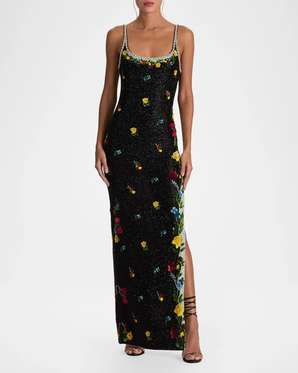 Alice + Olivia Julia Beaded Floral Sequin Column Gown | Thumbnail 2 Alice + Olivia Julia Beaded Floral Sequin Column Gown | Thumbnail 2