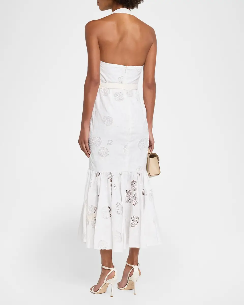 Self-Portrait Rose-Embroidered Lace Linen Halter Dress | Thumbnail 3 Self-Portrait Rose-Embroidered Lace Linen Halter Dress | Thumbnail 3