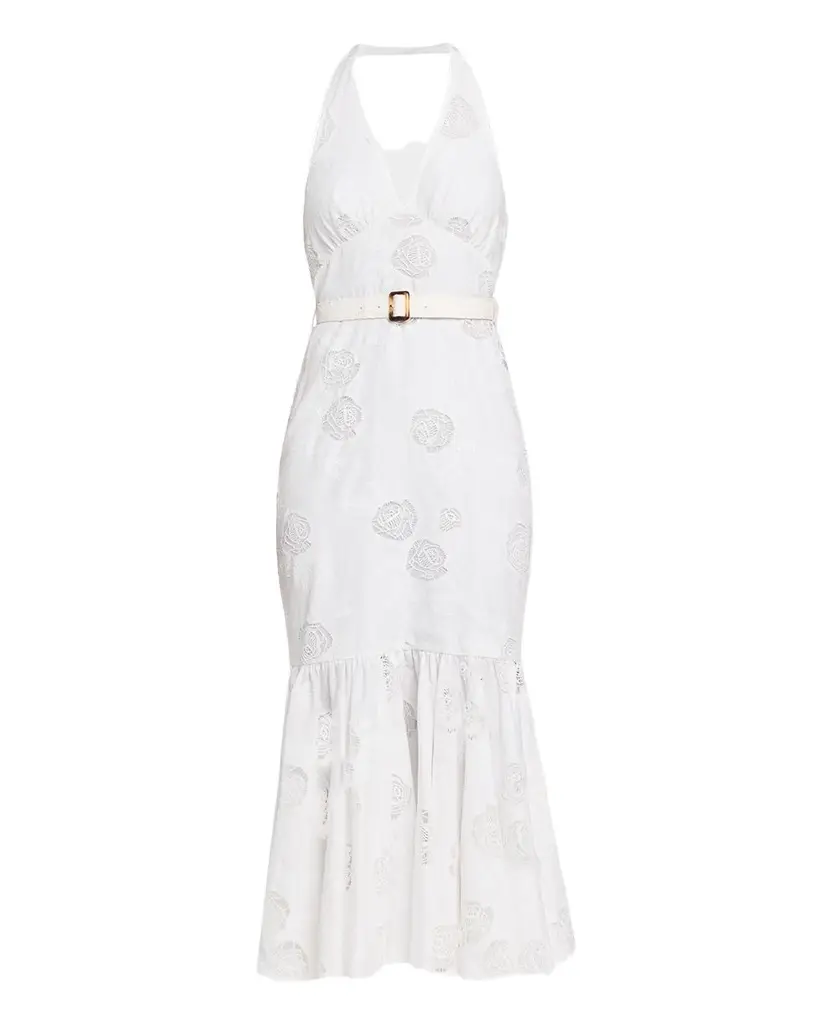 Self-Portrait Rose-Embroidered Lace Linen Halter Dress | Image 1 Self-Portrait Rose-Embroidered Lace Linen Halter Dress | Image 1