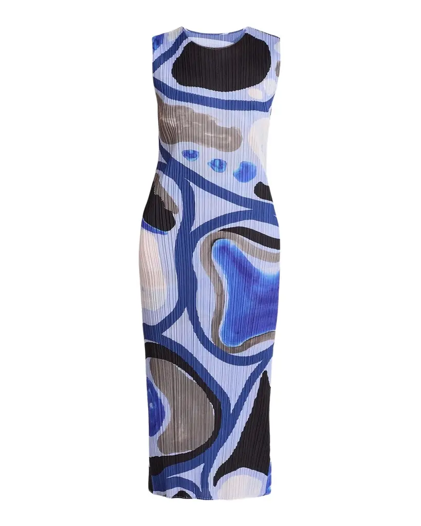 Issey Miyake Roll Printed Plisse Sleeveless Midi Dress | Image 1 Issey Miyake Roll Printed Plisse Sleeveless Midi Dress | Image 1