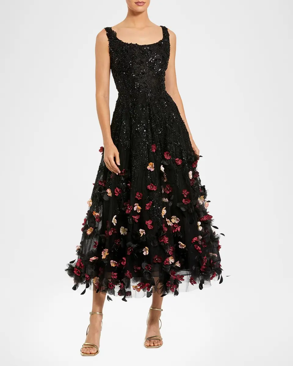 Mac Duggal Petite Sleeveless Beaded Floral Applique Midi Dress | Thumbnail 2 Mac Duggal Petite Sleeveless Beaded Floral Applique Midi Dress | Thumbnail 2