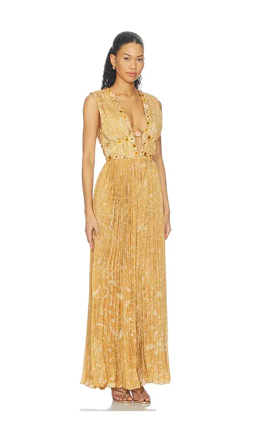 LA FUORI Honeydew Printed Draped Gown