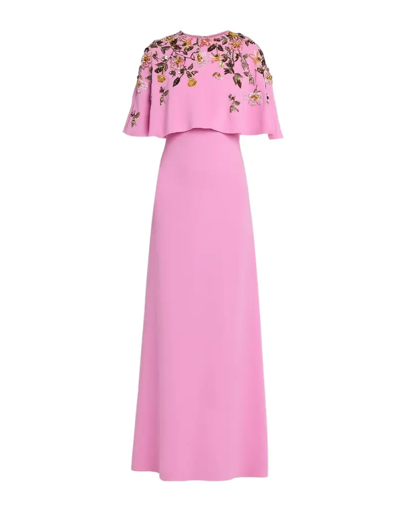 Oscar de la Renta Floral Beaded Capelet Silk Georgette Gown | Image 1 Oscar de la Renta Floral Beaded Capelet Silk Georgette Gown | Image 1