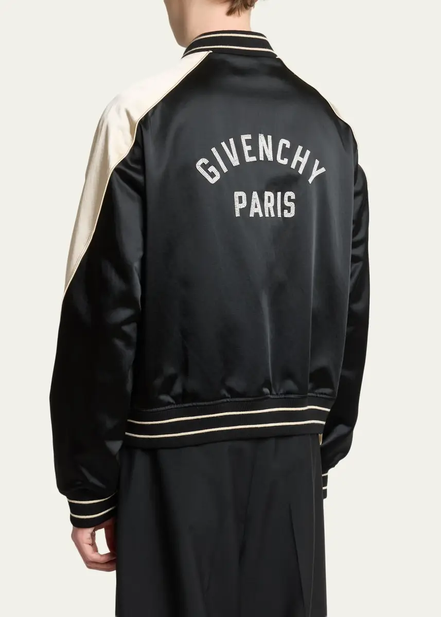 Givenchy Men's Satin Rhinestone-Logo Bomber Jacket | Thumbnail 3 Givenchy Men's Satin Rhinestone-Logo Bomber Jacket | Thumbnail 3
