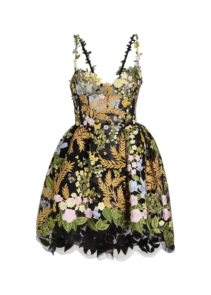 Oscar de la Renta Mixed Botanical Embroidered Tulle High-Low Bustier Dress | Image 1 Oscar de la Renta Mixed Botanical Embroidered Tulle High-Low Bustier Dress | Image 1