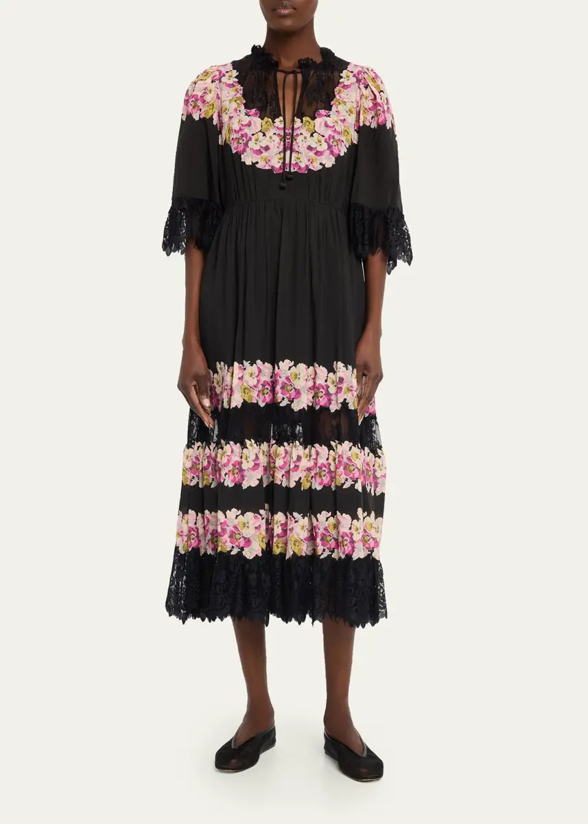 Sea 3/4-Sleeve Persephone Print Cotton Lace-Trim Midi Dress | Thumbnail 2 Sea 3/4-Sleeve Persephone Print Cotton Lace-Trim Midi Dress | Thumbnail 2