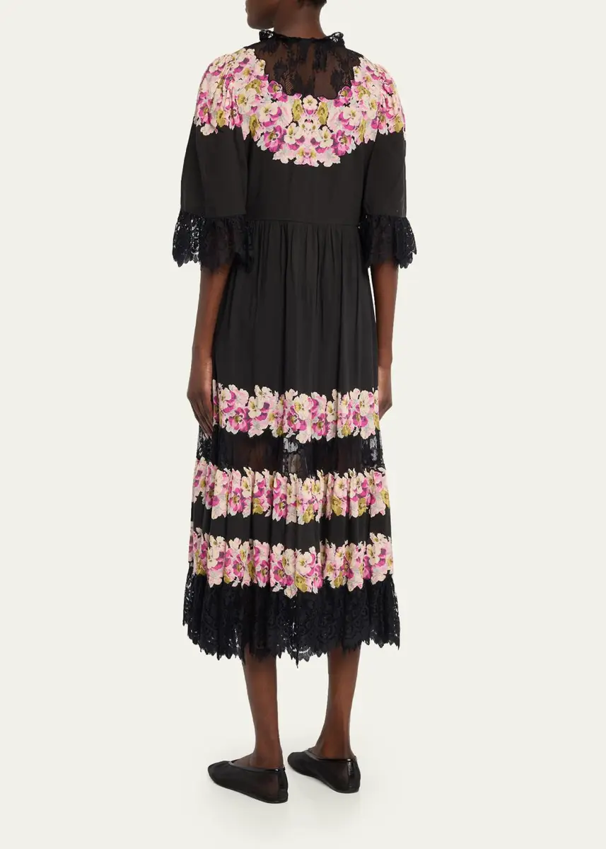 Sea 3/4-Sleeve Persephone Print Cotton Lace-Trim Midi Dress | Thumbnail 3 Sea 3/4-Sleeve Persephone Print Cotton Lace-Trim Midi Dress | Thumbnail 3