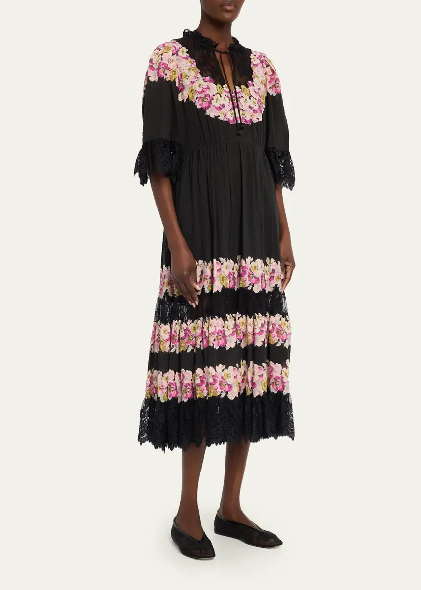 Sea 3/4-Sleeve Persephone Print Cotton Lace-Trim Midi Dress | Thumbnail 4 Sea 3/4-Sleeve Persephone Print Cotton Lace-Trim Midi Dress | Thumbnail 4