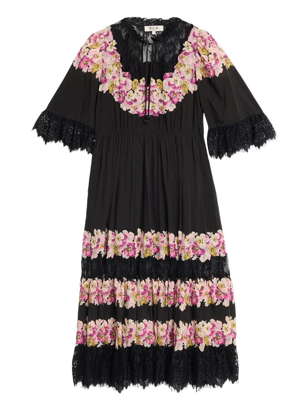 3/4-Sleeve Persephone Print Cotton Lace-Trim Midi Dress