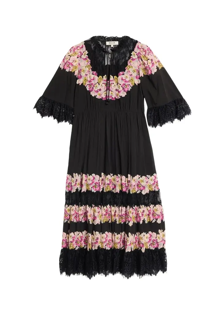 Sea 3/4-Sleeve Persephone Print Cotton Lace-Trim Midi Dress