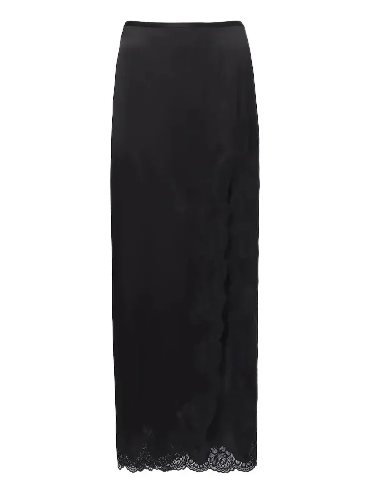 Lace-trimmed silk crêpe satin midi skirt