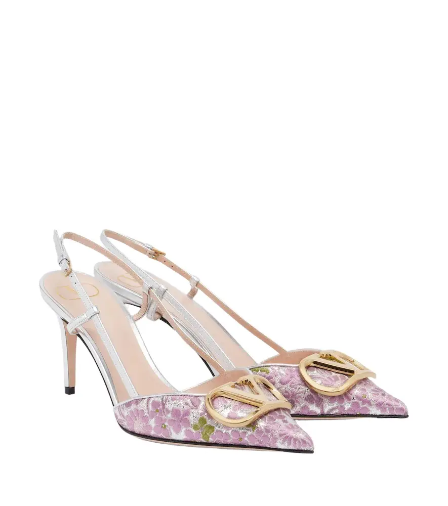 Valentino Garavani VLogo floral leather-trimmed slingback pumps | Image 1 Valentino Garavani VLogo floral leather-trimmed slingback pumps | Image 1