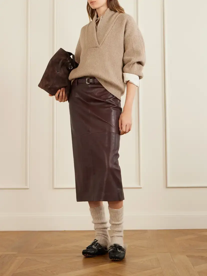 Brunello Cucinelli Paneled Leather Midi Skirt | Thumbnail 2 Brunello Cucinelli Paneled Leather Midi Skirt | Thumbnail 2