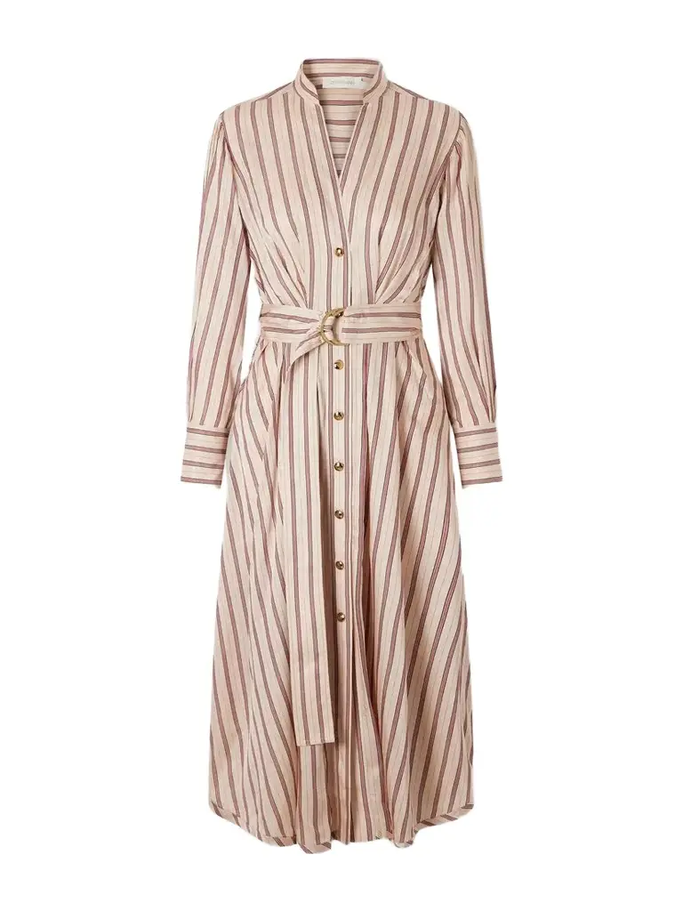 Zimmermann Valiant Belted Striped Satin Midi Dress