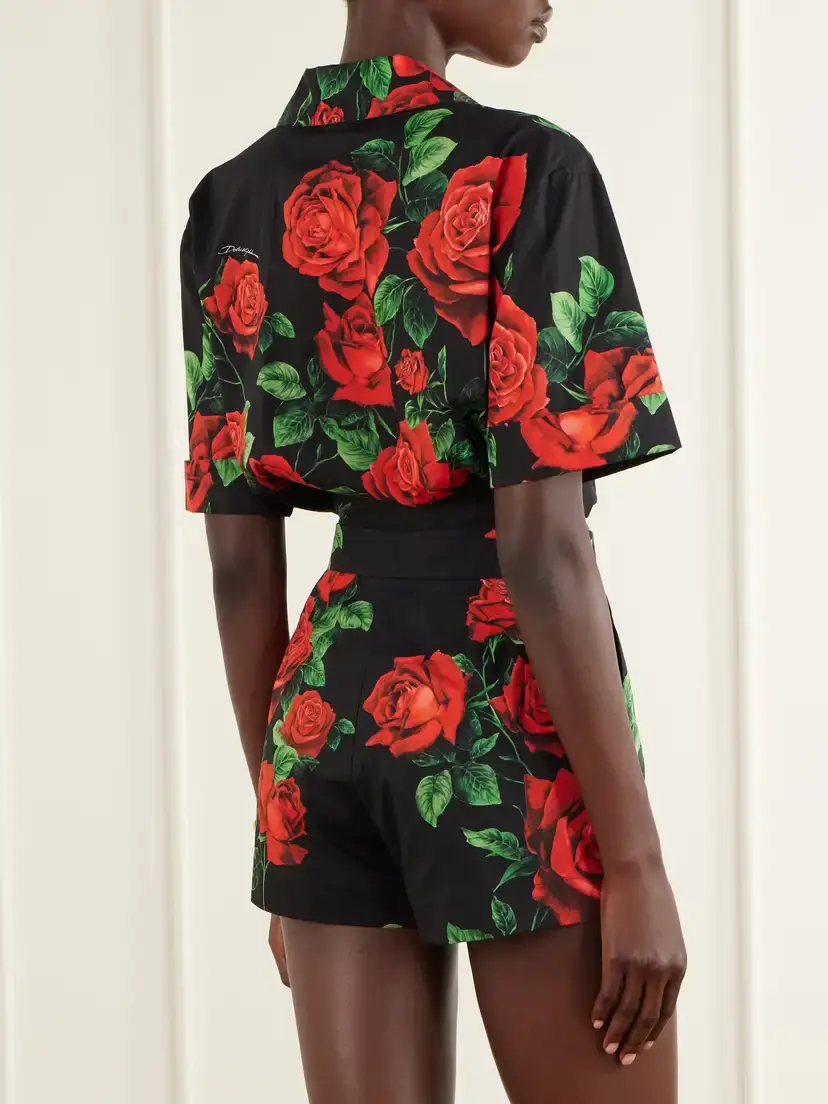 Dolce & Gabbana Tie-detailed Floral-printed Cotton-poplin Cropped Shirt | Thumbnail 3