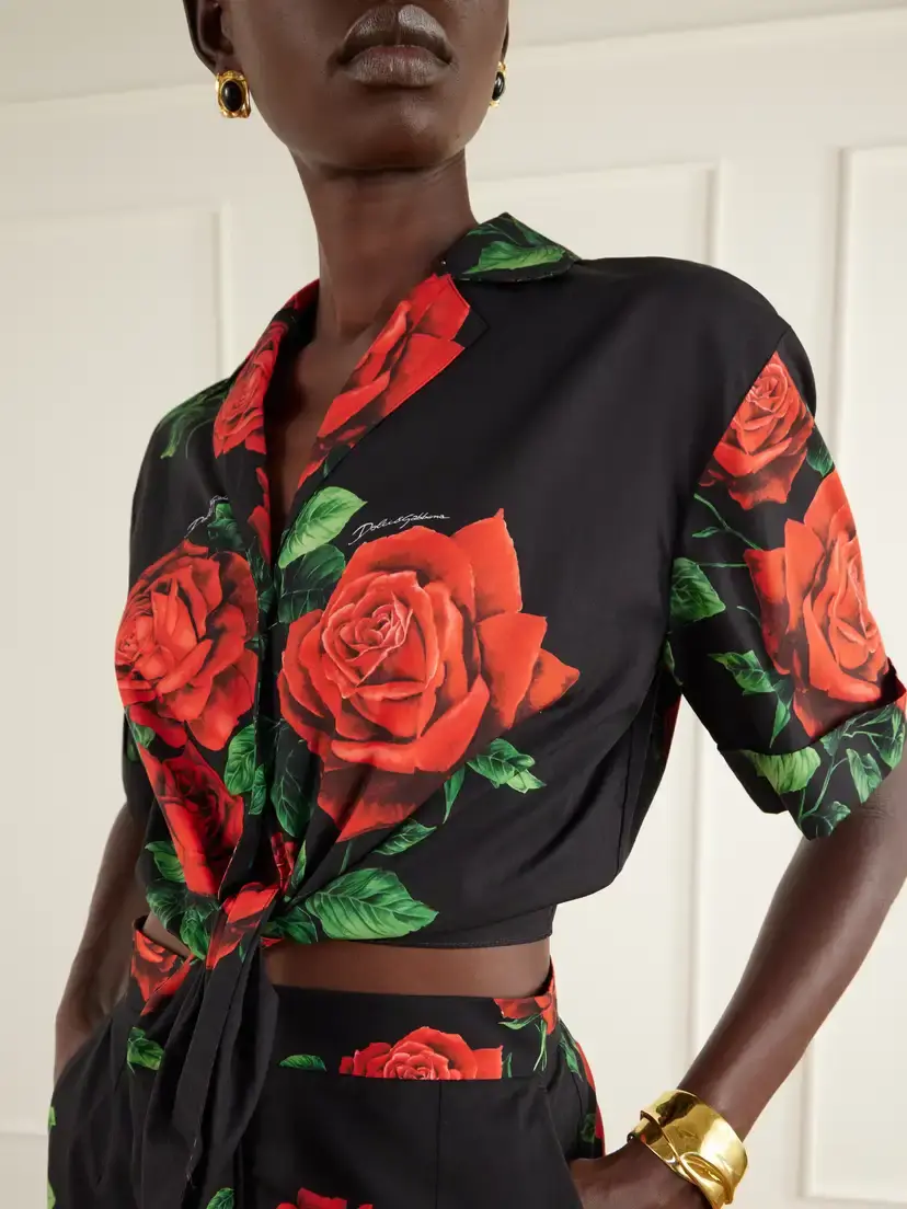 Dolce & Gabbana Tie-detailed Floral-printed Cotton-poplin Cropped Shirt | Thumbnail 4