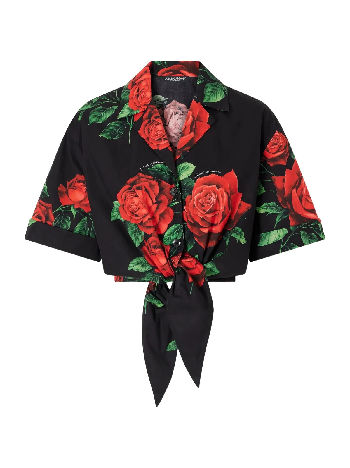 Dolce & Gabbana Tie-detailed Floral-printed Cotton-poplin Cropped Shirt