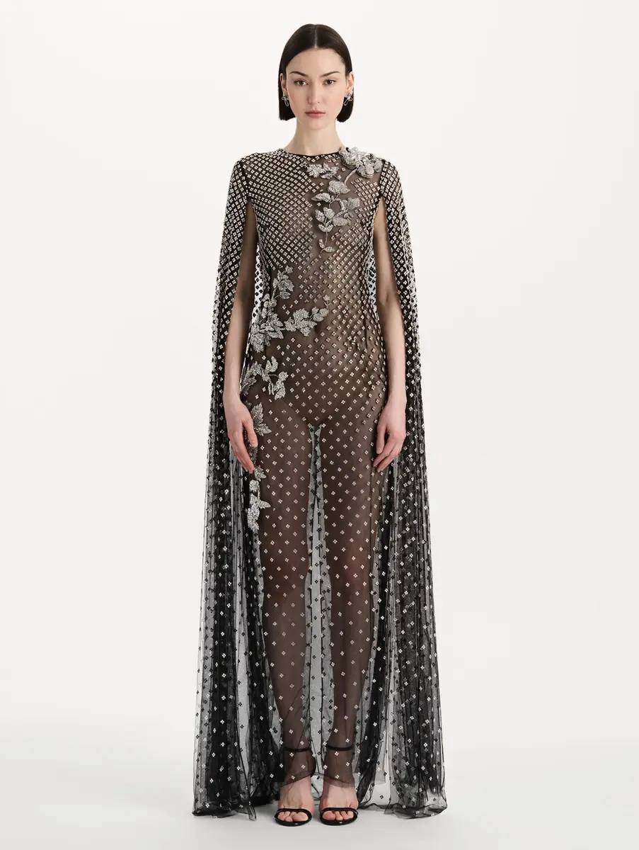 Oscar de la Renta Crystal Grid Floral Embroidered Caftan | Thumbnail 2