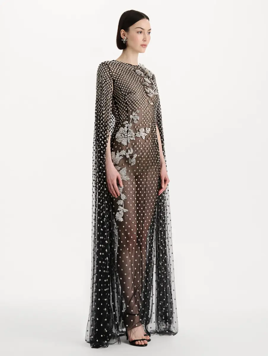 Oscar de la Renta Crystal Grid Floral Embroidered Caftan | Thumbnail 4