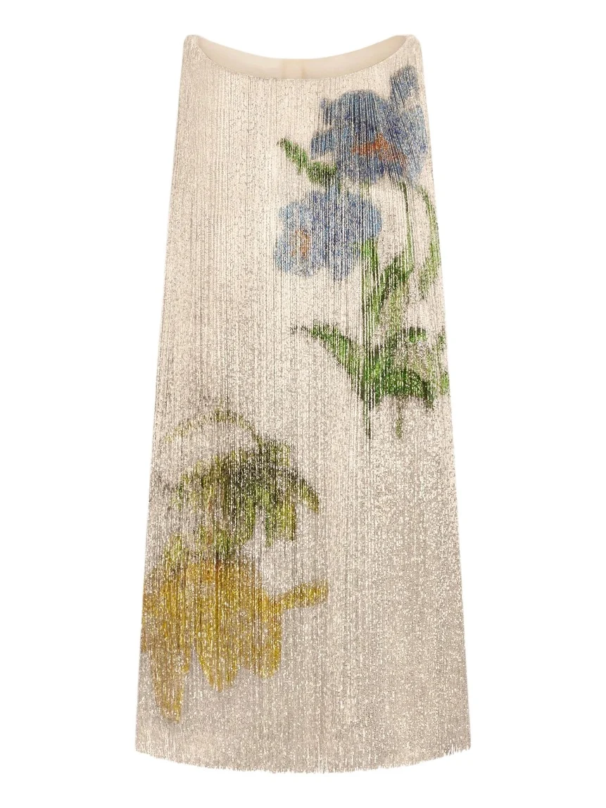 Oscar de la Renta Chiné Hibiscus Beaded Fringe Shift Dress