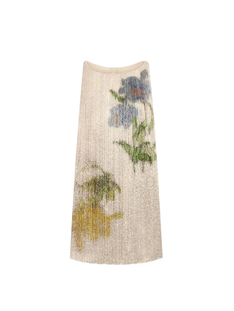 Oscar de la Renta Chiné Hibiscus Beaded Fringe Shift Dress | Image 1 Oscar de la Renta Chiné Hibiscus Beaded Fringe Shift Dress | Image 1