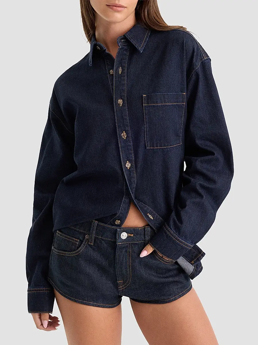 GOOD AMERICAN Women's Cotton Denim Drop-Shoulder Shirt | Thumbnail 4 GOOD AMERICAN Women's Cotton Denim Drop-Shoulder Shirt | Thumbnail 4